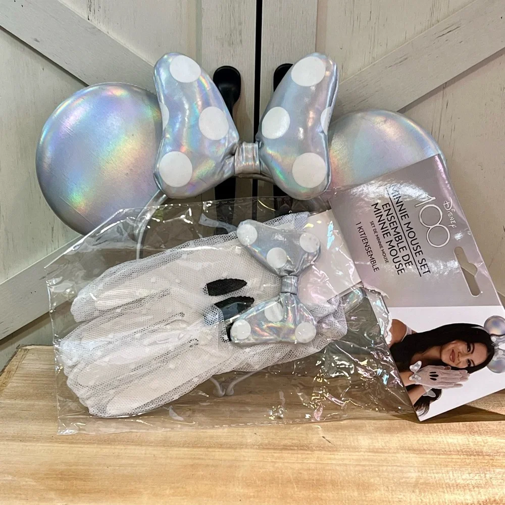 Disney Minnie Mouse 100th Anniversary Iridescent Headband & Matching Gloves NEW